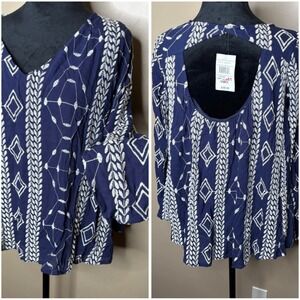 NEW Peach Love Small Top Navy Embroidered Bell Sleeve Boho Career Chic